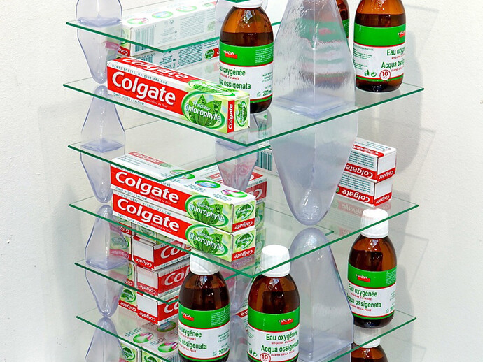 Patrick Jackson, Untitled (Colgate), 2013, Glass, "Colgate" tooth paste, medical water, plastic, 23 5/8 x 8 1/4 x 8 1/4 in. Courtesy Galerie GP & N Vallois, Paris