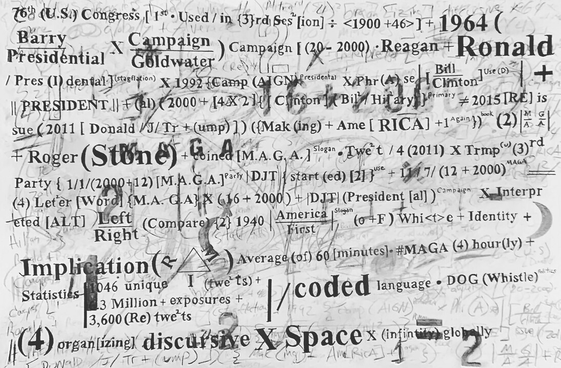 Gabriel Delgado, History of MAGA, 2022, Graphite and Ink on Paper, Mounted on Canvas, 20x30x2 in 