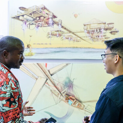 A wide view of the fair floor showcasing its international diversity, World Art Dubai, Dubai, United Arab Emirates