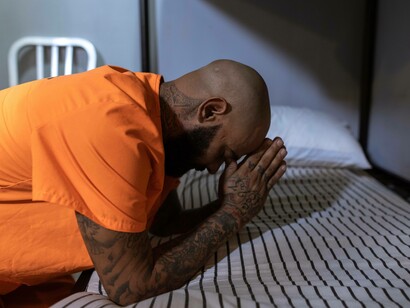 A prisoner praying in his jail cell for forgiveness