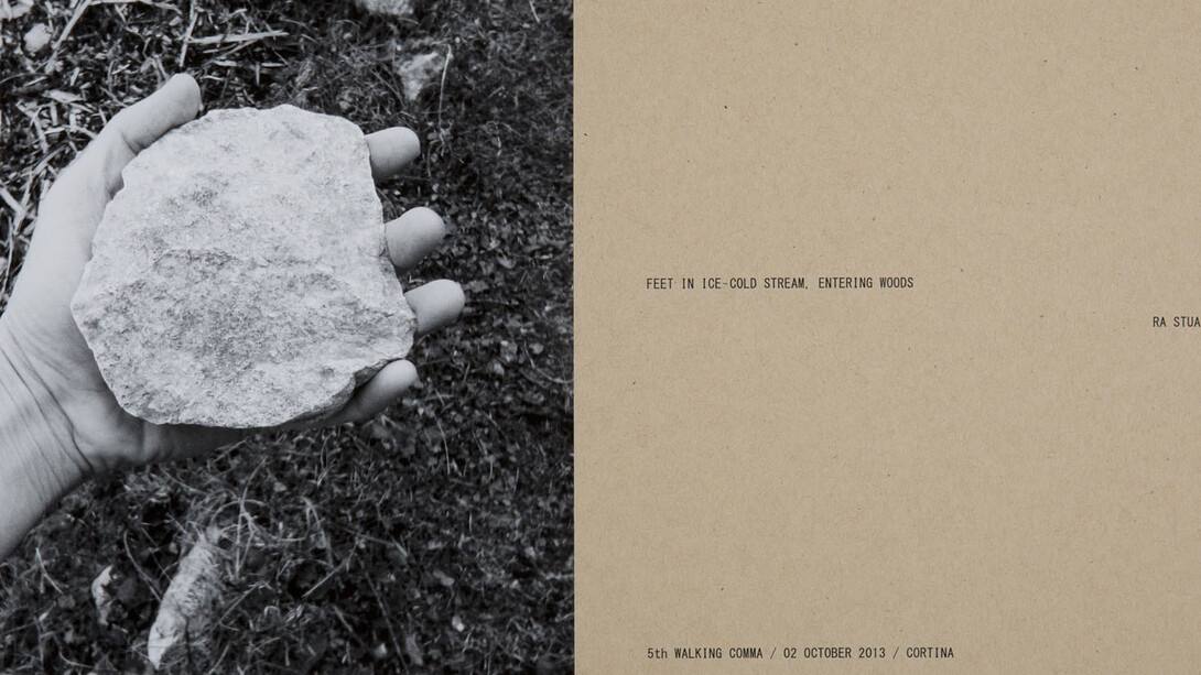 Helen Mirra, 3nd walking comma, 2 October, Cortina 2013 black and white photo and text 28×43 cm