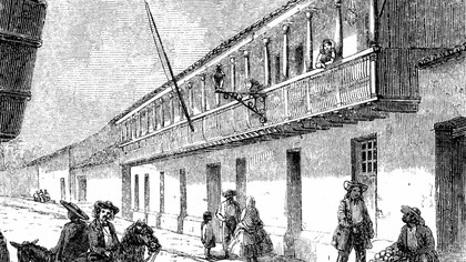 Casa de don Juanito Mora en 1858, en dibujo de Ramón Páez. Fuente: dominio público