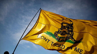 Bandera de Gadsden, que tiene una serpiente con el lema Don't Tread on Me (No me pises), símbolo de los libertarios