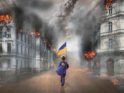Boy holding Ukrainian flag walks through post-war ruins