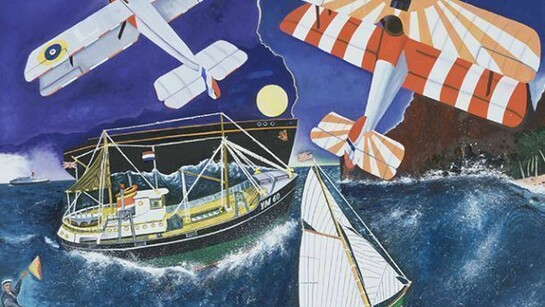 Malcolm Morley, Man Overboard, 1994, oil on canvas with 3 paper flags, 56 x 78 inches (142 x 198 cm), Hall Collection
