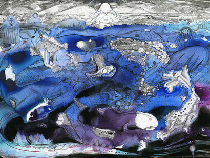 Max Razdow, Five Headed Serpent, 2013, Pen and ink on paper, 15 x 22 inches