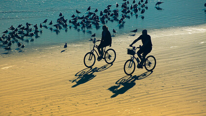 Couple at Daytona Riding Bicycles on the Beach © Kim Seng