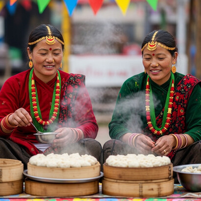Two Nepali women dressed in traditional attire and jewelry, with tikas adorning their foreheads, sit at a stall during the Holi festival, selling steaming momos. Vibrant Holi colors scattered in the background capture the joyful spirit of the celebration