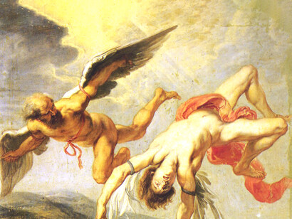 Dédalo mira como su hijo Ícaro cae por el desgaste de sus alas ("La caída de Ícaro por Jacob Peter Gowy y Peter Paul Rubens)