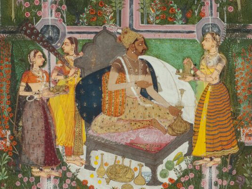  India, Rajasthan, Kota, c. 1660, Attributed to the Hada Master, Rao Jagat Singh of Kota in His Garden (detail). Opaque watercolor with gold on paper, 10 5/8 x 7 in. (27 x 17.7 cm). Stuart Cary Welch Collection.