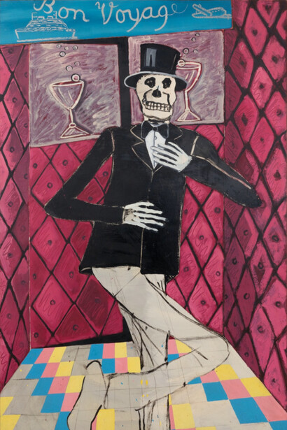 Joan Brown, New Year's Eve Dance #1, 1972, enamel paint on Masonite, 72x48 inches. © 2023 Estate of Joan Brown. Courtesy of Paul Thiebaud Gallery

 