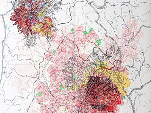 Tiffany Chung. 34°15'5" N 131°17'58" E 2007 - 2011. ink, micro pigment ink, and collage on paper. 29 x 29 cm each panel, detail