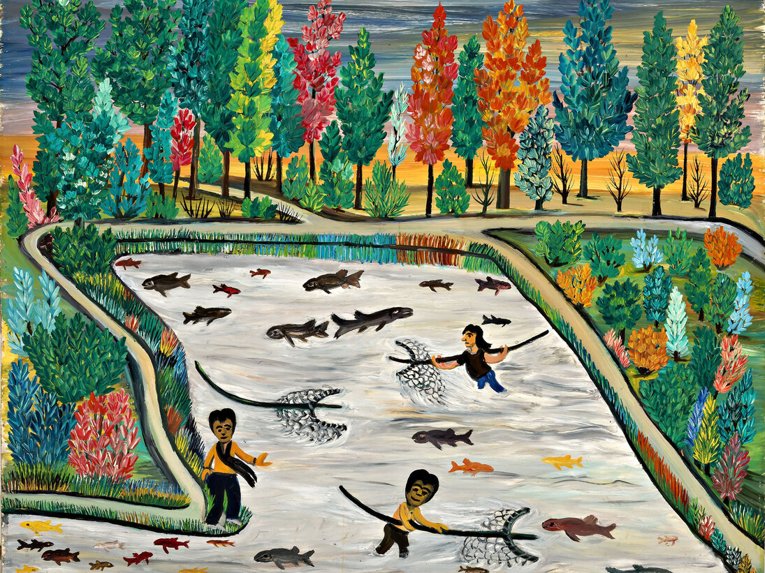 Bruno Rovesti, I pescatori del Po, 1963, olio su faesite, cm 60 x 65. Courtesy of Museo Antonio Ligabue