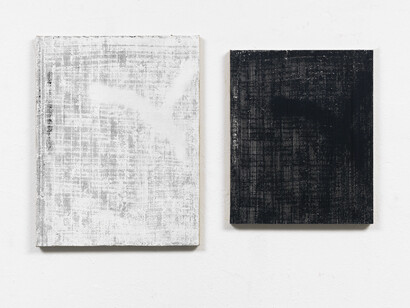 Gregor Hildebrandt, No tears for the creatures of the
day and night (T), Cassette tape, adhesive tape and
acrylic paint on canvas, 2 parts: 57 x 44 cm, 47 x 39 cm