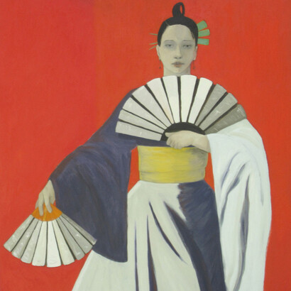 Joan Barber, Girl at the Red Wall, 2009, Oil on Canvas, 44 x 40 inches