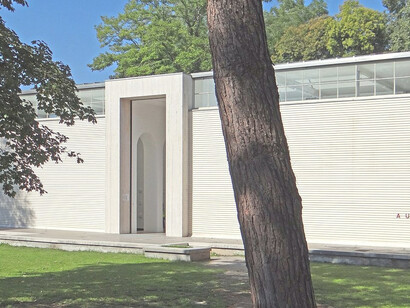 Facade of the Austria Pavilion in the Venice Biennale Gardens (San Elena Island) The Austria Pavilion was designed by the famous Austrian designer Josef Hoffmann