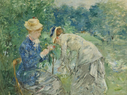Berthe Morisot (1841-1895),"Damas recogiendo flores", 1879, óleo sobre lienzo. Morisot participó en la primera exposición impresionista en 1874 y, desde entonces, formó parte del núcleo del grupo. Museo Nacional, Estocolmo, Suecia