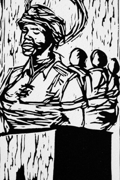 Senzo Shabangu, Detail of Carry your youth along, Linocut, 2013, 536 x 900