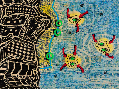 George Widener, Untitled (Three yellow spots with red arrows) (detail), 2025. Courtesy of Hirschl & Adler