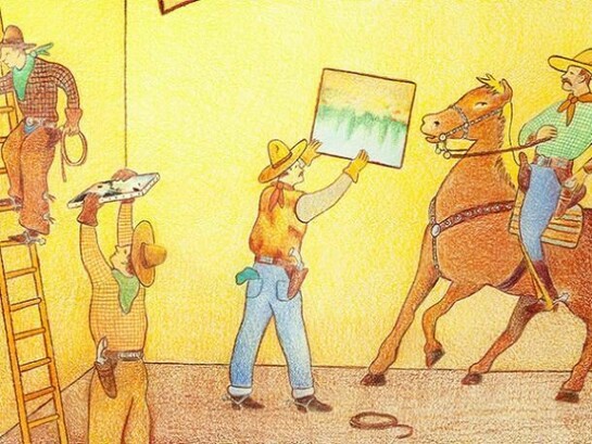 Glen Baxter, There remained a cynical minority who believed our contest was rigged, 2010, Ink and crayon on paper, 31 x 23 inches, © Glen Baxter, courtesy of Flowers Gallery