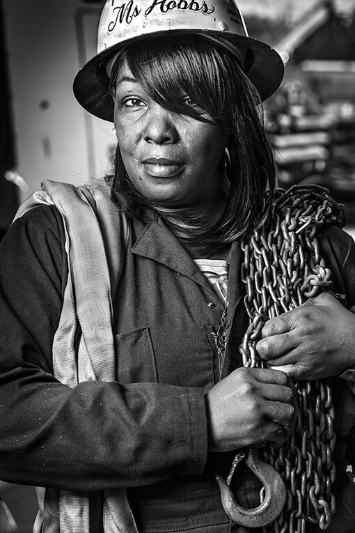 Glen McClure, Janeen Hobbs, Industrial Rigger, General Dynamics, NASSCO, Norfolk, VA., archival inkjet print (photograph), 2014. Image © and courtesy of the artist.