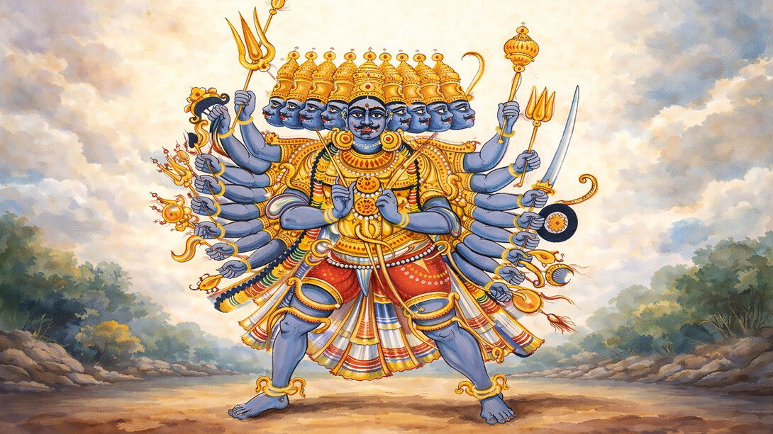 Ravana, the demon-king of Lanka (Sri Lanka), depicted in a watercolor painting by an unknown Indian artist, circa 1920