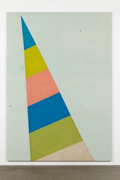 Untitled, 2016, Primer, spray paint, acrylic, white spirit, cotton canvas on wooden stretcher
115 3/4 x 81 1/8 x 1 1/4 in (294 x 206 x 3.2 cm). Courtesy of Andrew Kreps Gallery