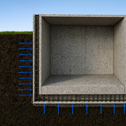 Dämmung und Abdichtung im Zusammenspiel: Erst das Zusammenwirken von Stahlbeton, Wärmedämmung, Außenabdichtung und Ringdrainage gewährleistet einen dauerhaft trockenen, energieeffizienten und langlebigen Aufbau eines unterirdischen Ökohauses