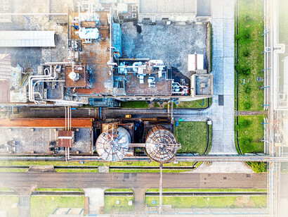 An aerial view of a steam turbine power plant in Banten, Indonesia

