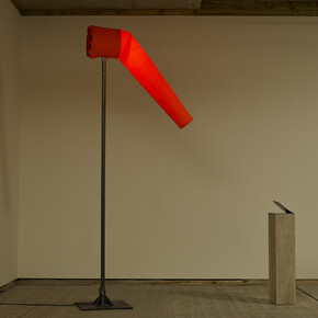 Fiona Banner, Agent Provocateur 2015, Heart of Darkness magazine, plinth with graphite, fabric windsock, electrically powered fan, LED light, mixer and stand, Dimensions variable, Courtesy the artist and Frith Street Gallery, London 