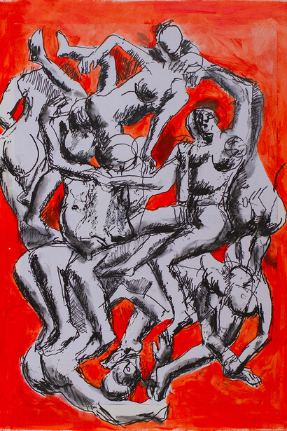 Dario Fo,
Metamorfosi durante il massaggio,
2014,
Tecnica mista su tavola, 67,5 x 92,5 cm
(74,5 x 99 cm con cornice),
Archivio Franca Rame e Dario Fo