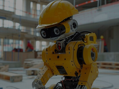 Futuristic scene with high-tech robot used in the construction industry   