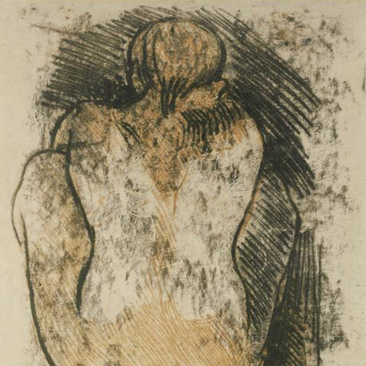 Gauguin, Donna di Tahiti, 1902. La composizione, dalle linee dal contorno molto forte, è arricchita dall'effetto materico del fondo, spesso ottenuto usando frammenti di cartone, legno e stoffa.