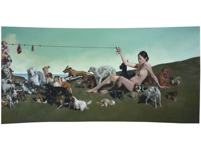 Erik Thor Sandberg, In the Valley (detail), 2015, oil on curved panel, 30 x 116 inches.