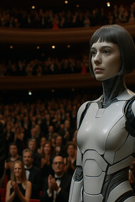A humanoid AI stands center stage at a prestigious film festival, receiving a standing ovation from an elegantly dressed audience—marking a historic moment in cinema where artificial intelligence takes the spotlight