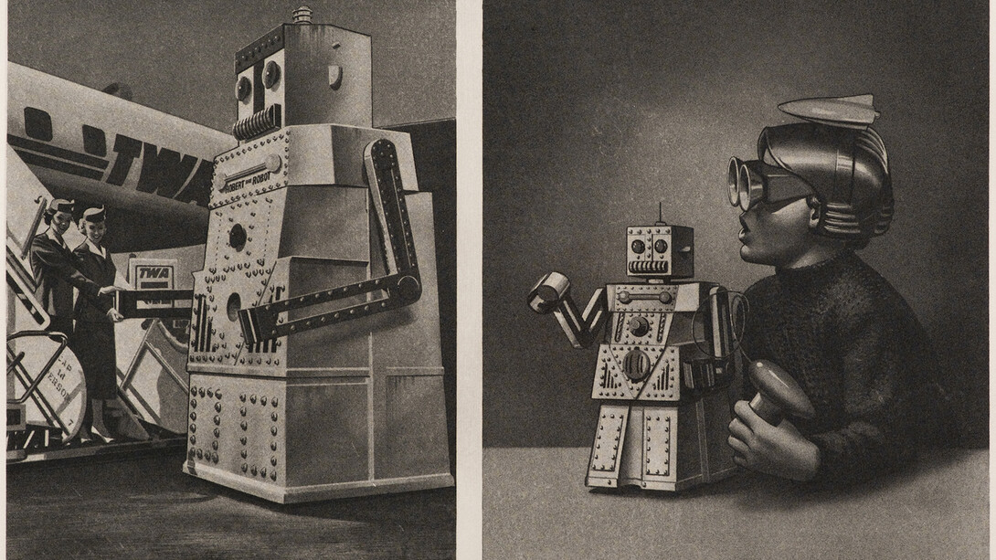 Le Robot Robert Voulait Aller a New York Mais Le Passenger Est Trop Lourd / TWA Plain-Steps-Cap 14 Persons with two Stewardesses and Wonder Toy (from the Cloud Atomic Laboratory portfolio), 1971, Photogravure, 23.3x35cm. Courtesy C L E A R I N G New York / Brussels © Trustees of the Paolozzi Foundation, licensed by DACS