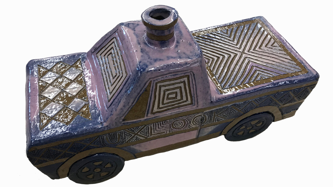 Edward Salas, Truck Vessel Made U Look, 2021, Stoneware clay and glaze, 12 x 4.5 x 6.5 in, 30.5 x 11.4 x 16.5 cm. 