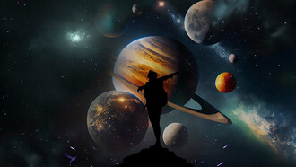 In the realm of fantasy astral, a person with opened hands stands in a captivating composition, embodying a sense of mystical connection and cosmic energy