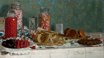 Emilio Longoni, natura morta con dolciumi e frutta candita (1887)