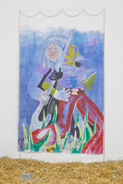 Nicholas Grafia, Tummy Top Hitting Rock Bottom, 2019, acrylic and ink on canvas, metal chains, 270 x 165 cm, 106 1/3 x 65 in. Courtesy of KOENIG2. Photo by Philipp Friedrich
