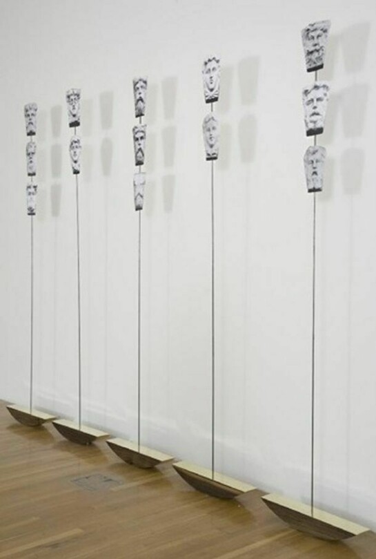 Luke Burton, Procession of Lovely Fools, 2012, Dimensions Variable, Brass, walnut, steel and paper, image courtesy of Vitrine Gallery