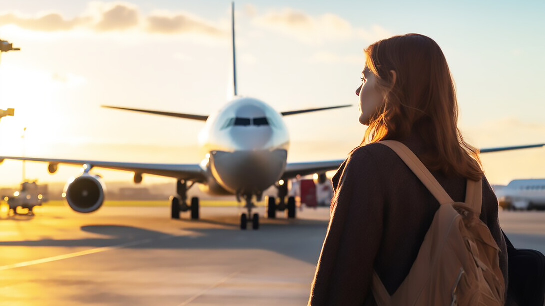 A captivating travel scene, a close-up portrait of a woman against the backdrop of a plane, embodying the spirit of adventure and exploration