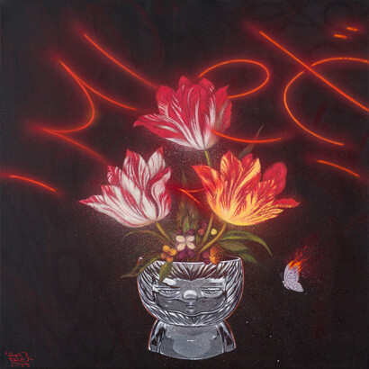 Alex Face, Heat Seeker no. 2, 2023, acrylic, spray, oil on linen 80x80 cm, © 2023 Alex Face. Courtesy the artist, Bangkok CityCity Gallery and Dorothy Circus Gallery