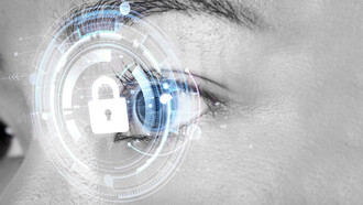A woman's eye adorned with a smart contact lens featuring cutting-edge biometric security technology