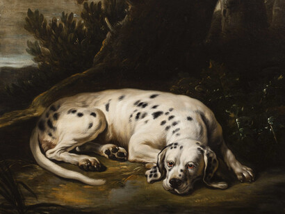 Baldassare De Caro, A Spotted Hound Resting by a Tree in a Wooded Landscape, Provenance: The Collection of Sir Albert Richardson, P.R.A.