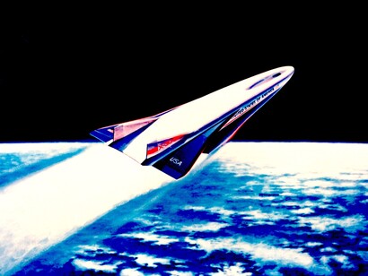 L'aereo aerospaziale X-30 che vola attraverso l'atmosfera terrestre verso l'orbita terrestre bassa. il concetto sperimentale fa parte del National Aero-Space Plane Program. L'X-30 è progettato per dimostrare la tecnologia per il lancio nello spazio di respirazione aerea e per i veicoli da crociera ipersonici.
Credit:NASA/Cavina