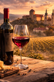 Egri Bikavér at golden hour, where Hungary’s legendary Bull’s Blood meets the rolling vineyards of Eger in a moment of quiet elegance