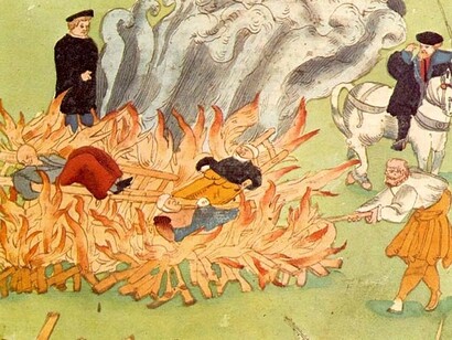 Esecuzione di tre streghe il 4 novembre 1585 a Baden (Svizzera), illustrazione dalla Wickiana (collezione di Johann Jakob Wick, Zentralbibliothek Zürich)
