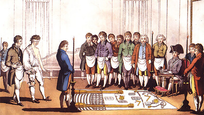 Initiation of an apprentice Freemason around 1800. This engraving is based on that of Gabanon on the same subject dated 1745