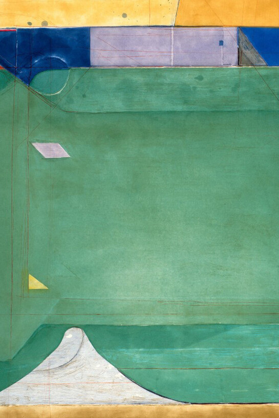 Richard Diebenkorn, “Green”, 1986. Color aquatint, spit-bite aquatint, soap-ground aquatint, and drypoint on Somerset paper. Printed by Marcia Bartholme, Published by Crown Point Press, 53 11/16 x 40 3/4 in. Crown Point Press Archive, gift of Crown Point Press, 1991.28.1274